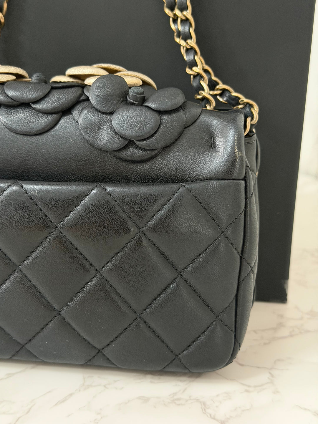 CHANEL series 21 Black Metallic Gold Camellia Flower Lambskin Mini Rectangular Flap Bag with Vintage GHW