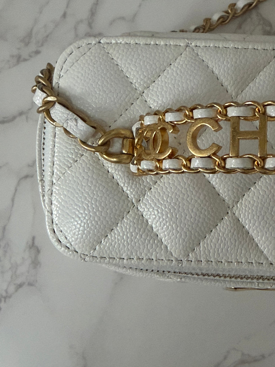 CHANEL 22S Collection 2022 Pick Me Up White Caviar Small Vanity Case with Metal Top Handle GHW