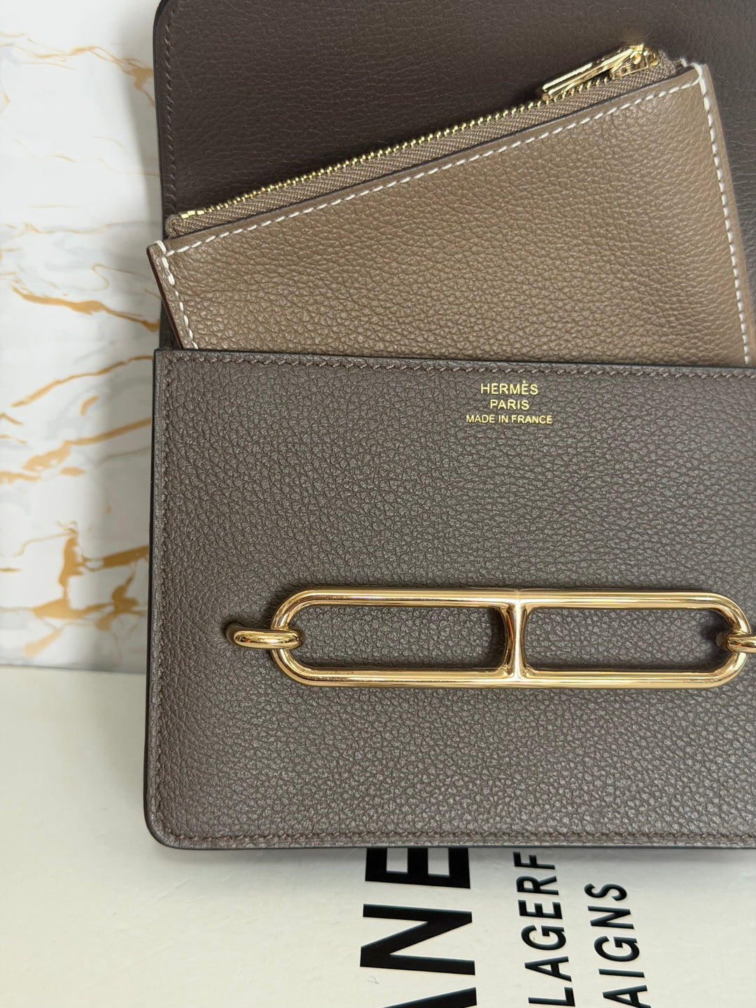 HERMÈS Mini Roulis Slim Wallet in Ecorce outer and Etoupe inner Evercolor leather GHW