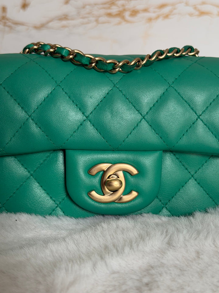 CHANEL series 21 Green Lambskin Brushed GHW Extra Mini Flap Bag 7.5 inches (discontinued line)