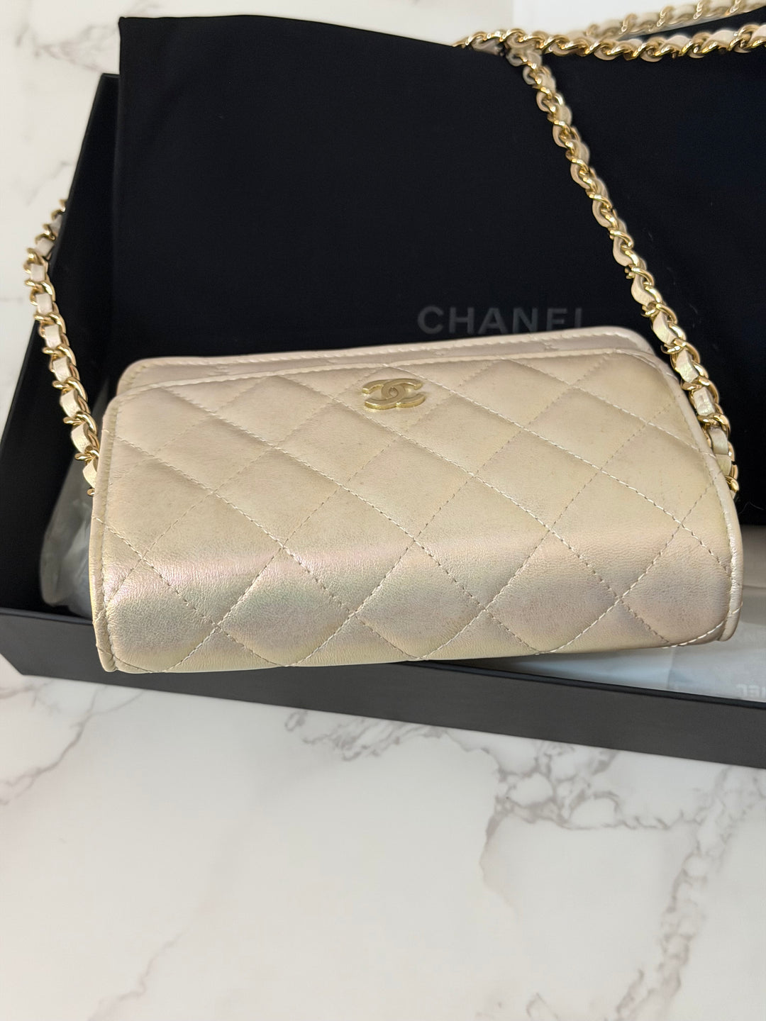 CHANEL series 31 20B Ivory Calf Skin LGHW Mini Wallet on Chain (WOC) 6 inches
