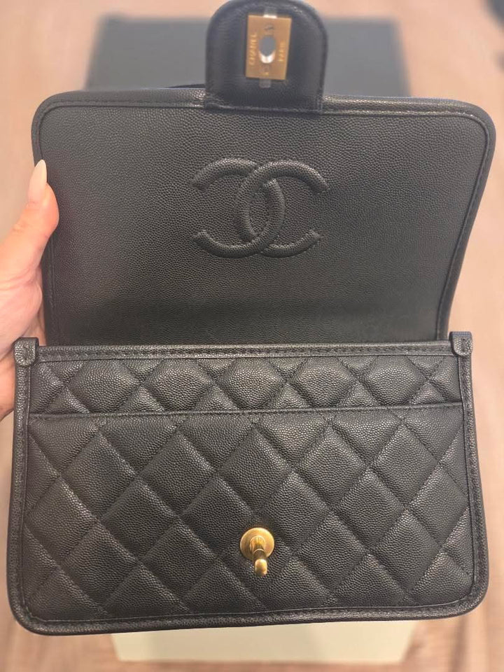 CHANEL 25B 2025 Top Handle Black Caviar Aged GHW with Charm