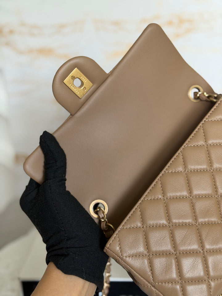 CHANEL 22B Taupe Dark Beige Lambskin Aged GHW Pearl Crush Adjustable Chain Mini Rectangular Flap Bag 2022
