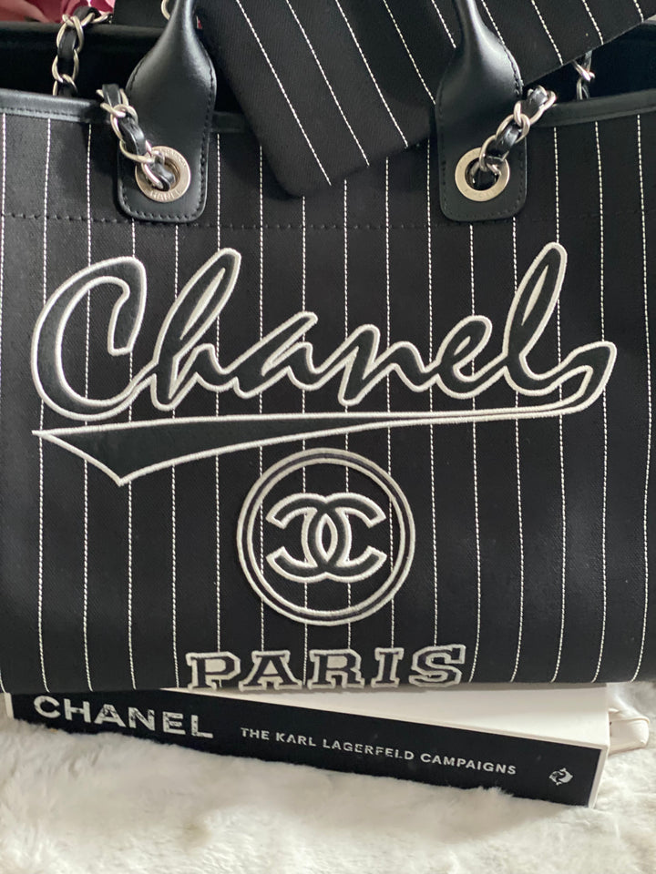 Chanel 23P 2023 collection in Black/White Stripe Canvas Deauville Tote with Top Handle and detachable pouch size Medium (15 inches)
