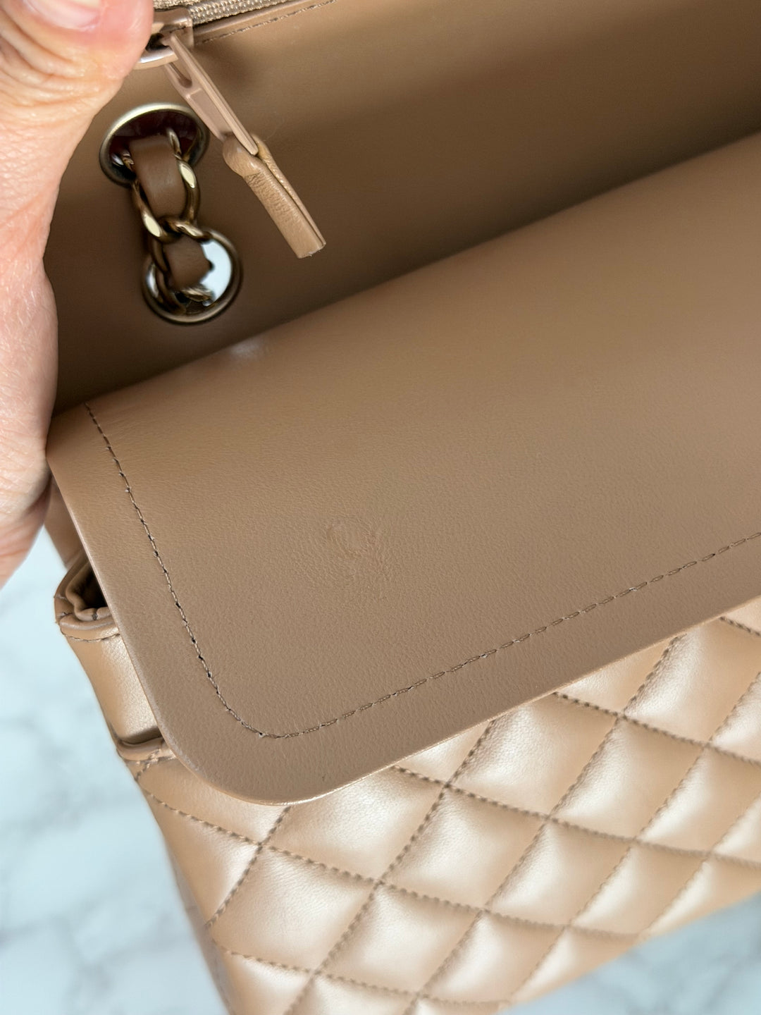 CHANEL 22K 2022 Dark Beige Lambskin LGHW Medium ML Timeless Classic Double Flap Bag