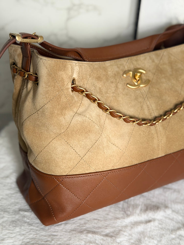 CHANEL 26S Beige Suede and Brown Leather Shopping Tote Bag 2026 size Small