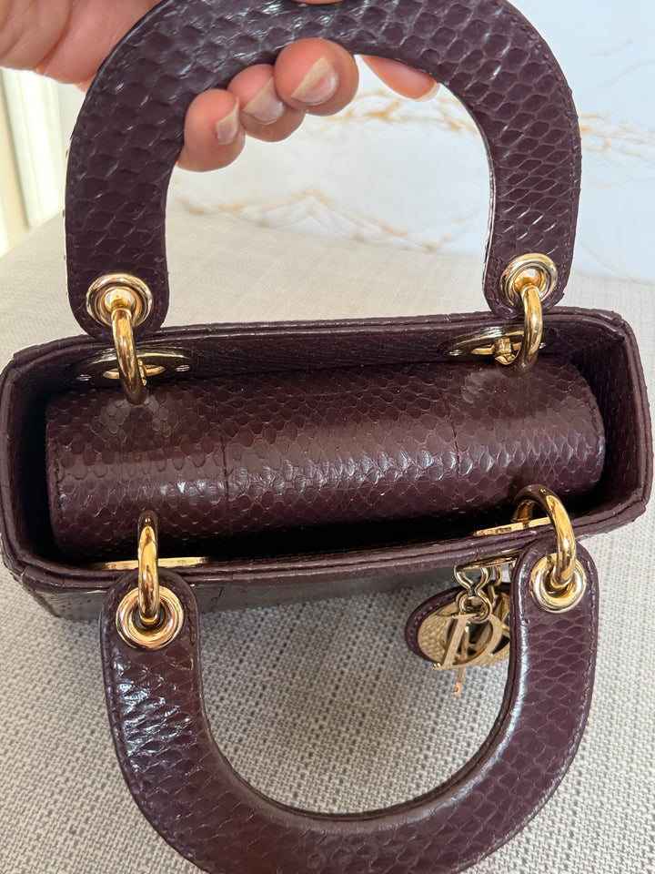 Dior Lady Dior MINI Burgundy Dark Red Python Leather 2018 LGHW