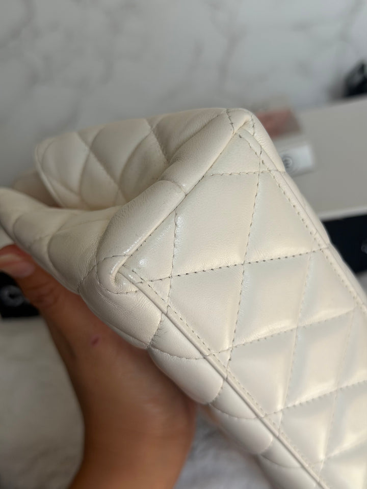 CHANEL White Calf skin Aged GHW Kelly Shopping Bag Size Small 2026