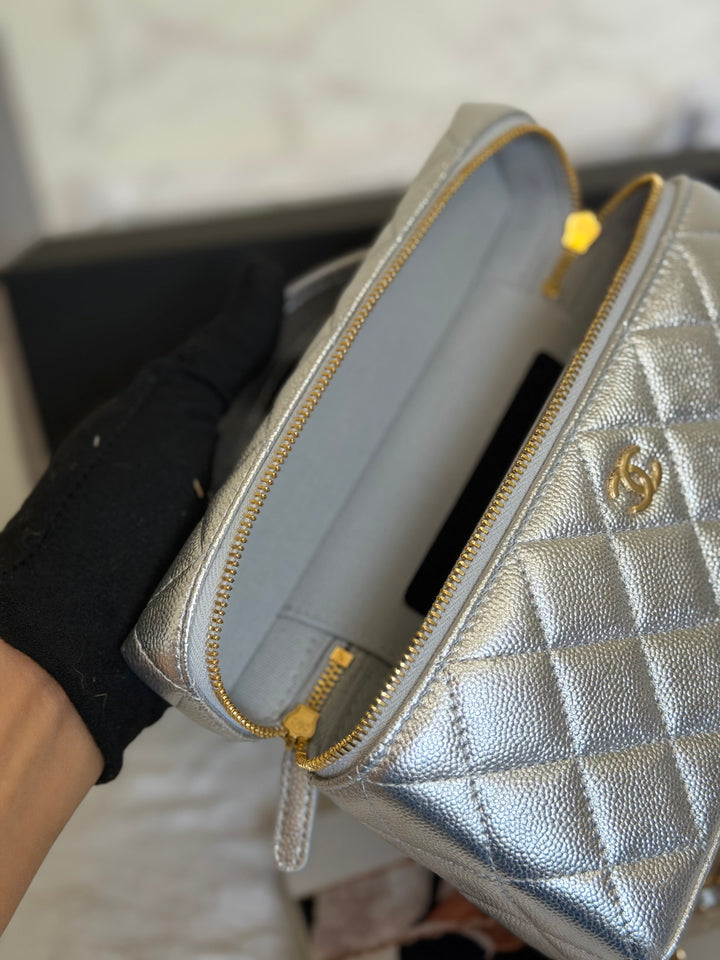 CHANEL 26A 2026 Silver Caviar LGHW Long Vanity LP with detachable Chain 19 cms