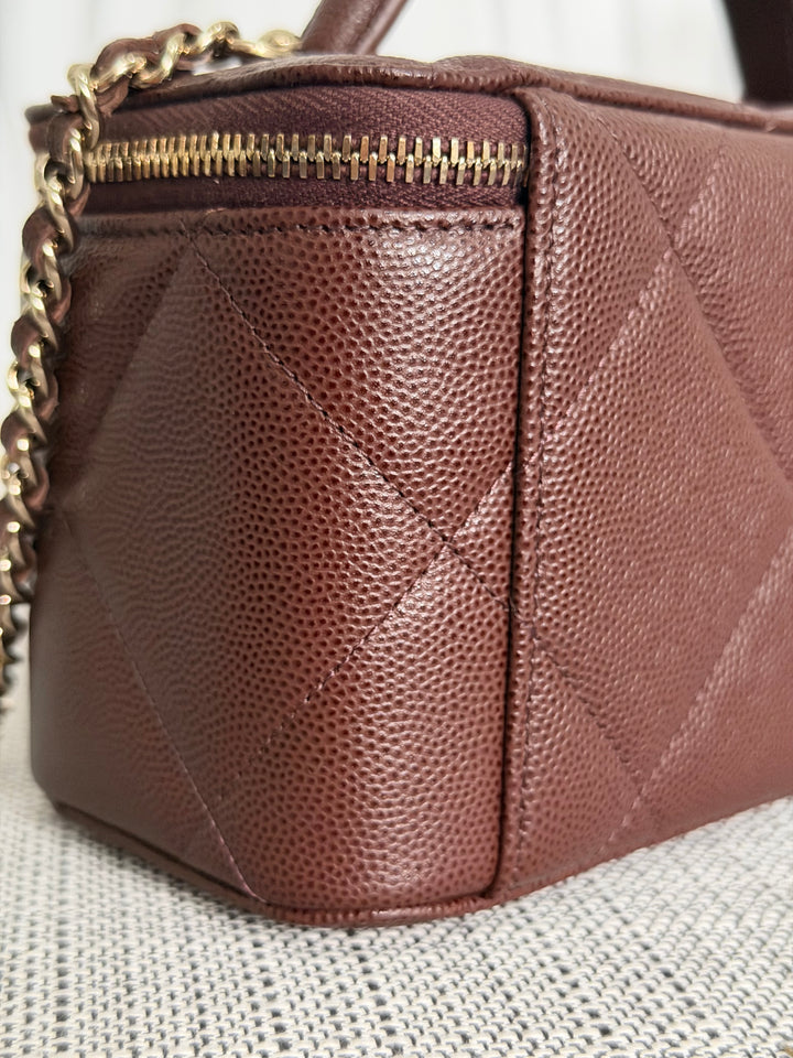CHANEL 25K 2025 collection Brown Caviar LGHW Leather Top Handle Small Vanity with Chain