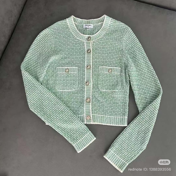 CHANEL 21C Green and White Knitted Cardigan size EU 34 2021