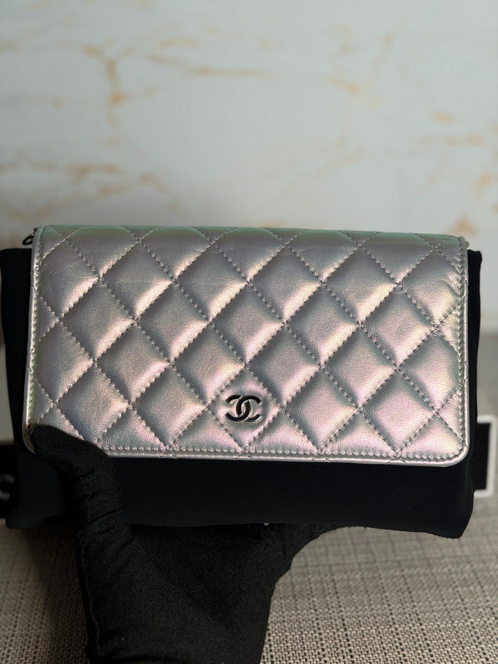 CHANEL Silver Lambskin SHW Classic Wallet on Chain (WOC) 2022