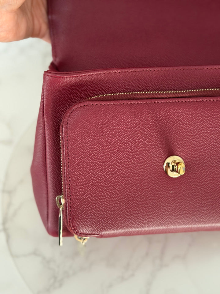 Chanel series 28 19B Collection 2019 Burgundy Caviar Business Affinity Flap Bag with Champagne GHW size Medium