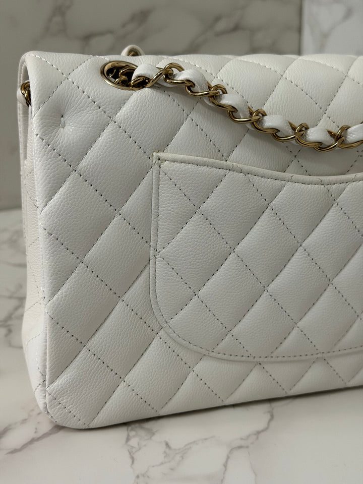 CHANEL 2023 White Caviar LGHW Medium ML Timeless Classic Double Flap Bag