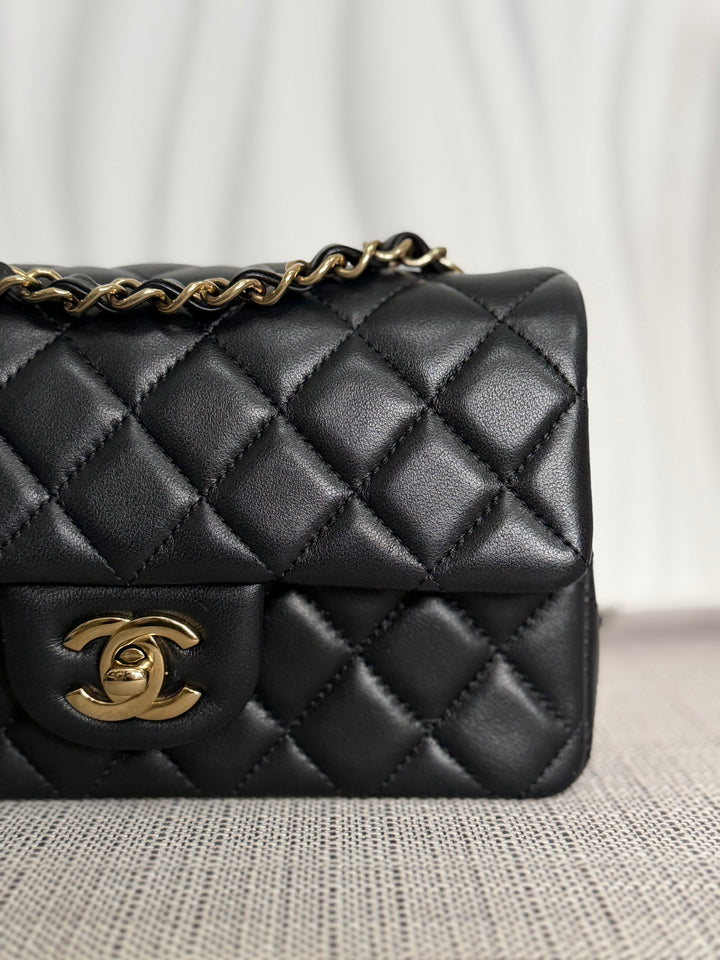 CHANEL Black Lambskin LGHW Mini Rectangular Flap Bag 2025