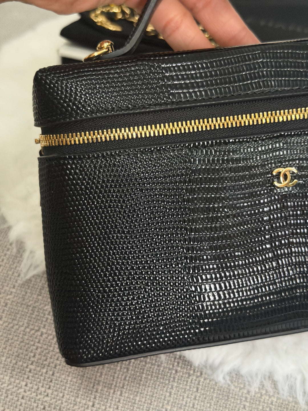 CHANEL Black Lizard Embossed Calf Skin GHW LP Long Vanity with top handle 26A 2026