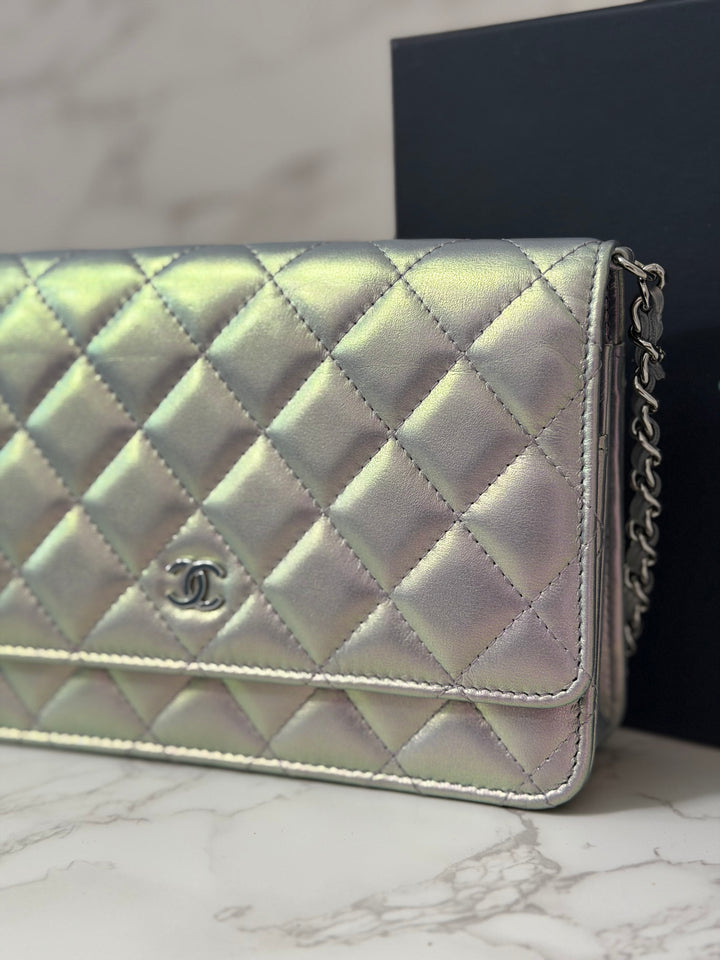 CHANEL 21K Silver Lambskin SHW Classic Wallet On Chain (WOC)