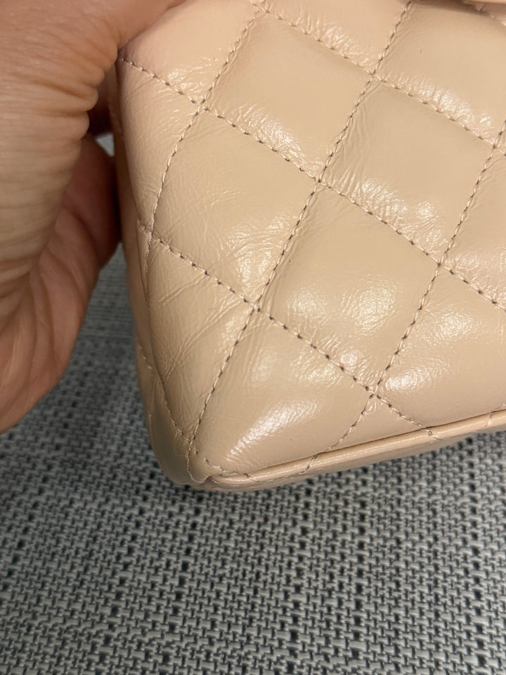 CHANEL 25C Powder Beige Calf Skin aged GHW Kelly Nano Shopping Bag Size Small 19 cms