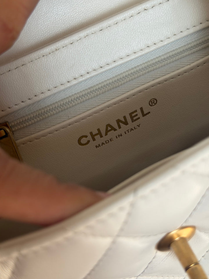CHANEL White Calf skin Aged GHW Kelly Shopping Bag Size Small 2026