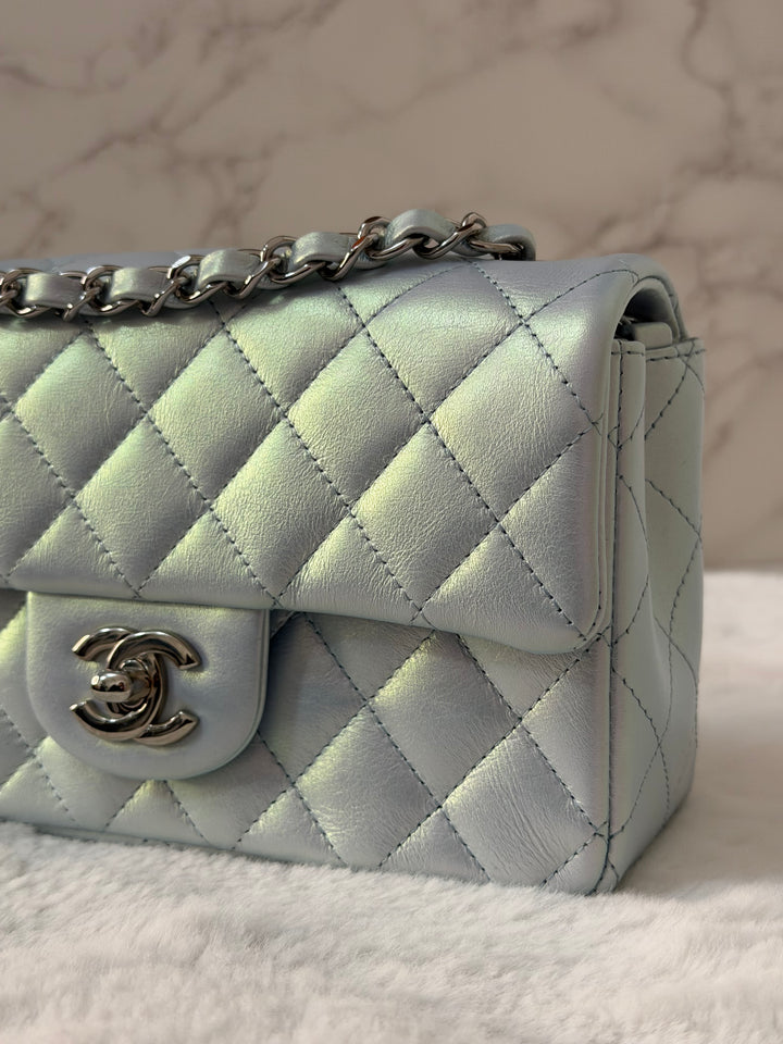 CHANEL 21K 2021 Iridescent light Blue Calf skin SHW Mini rectangular flap bag microchip