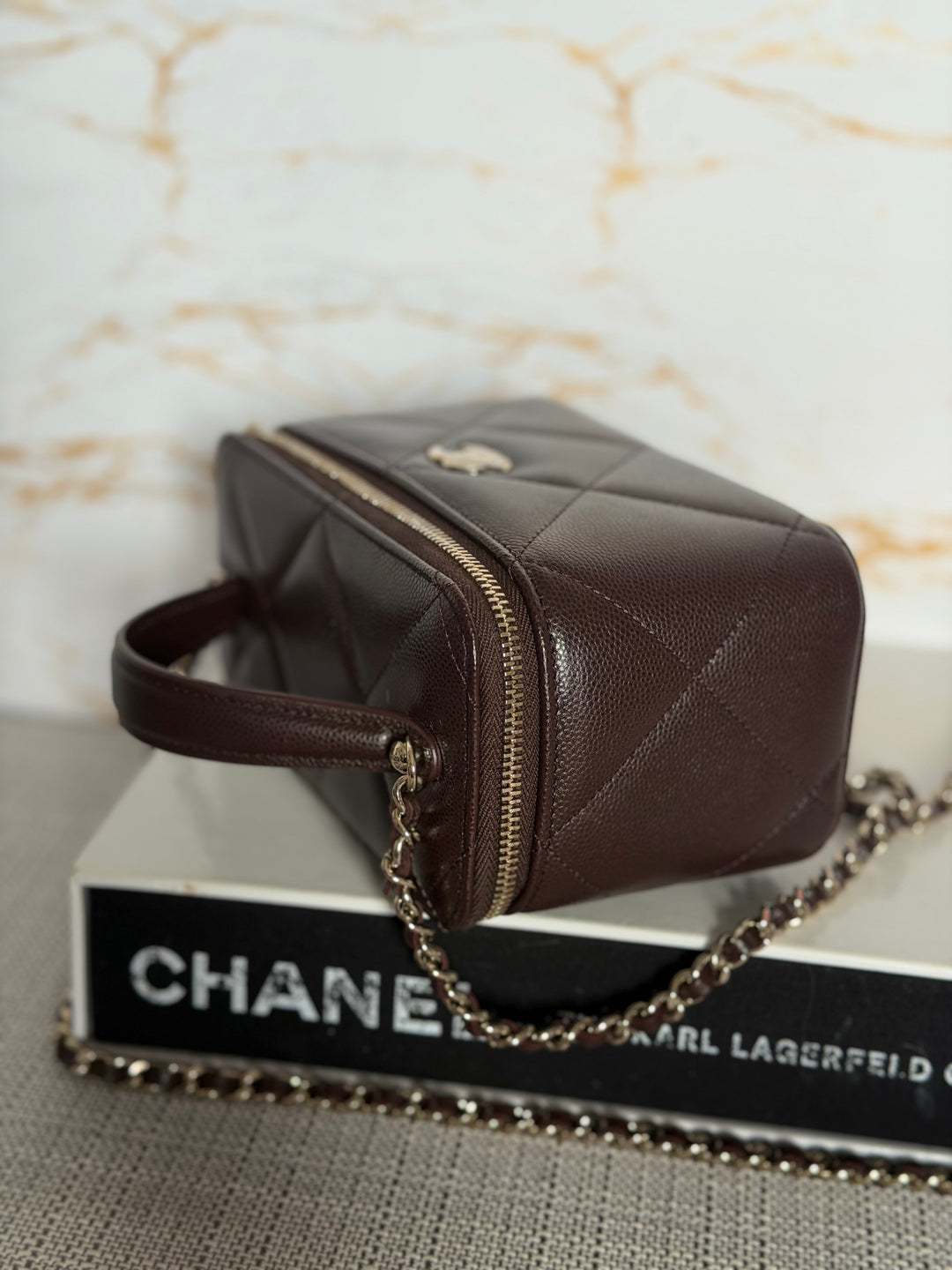 CHANEL 26S Dark Brown Caviar LGHW Small Vanity Case with Top Handle