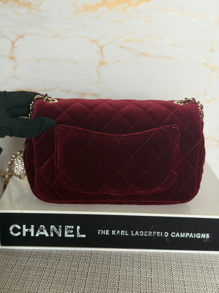 CHANEL series 31 Burgundy Dark Red Velvet Crystal Pearl Crush Adjustable Strap Mini Rectangular Flap Bag 2020/2021