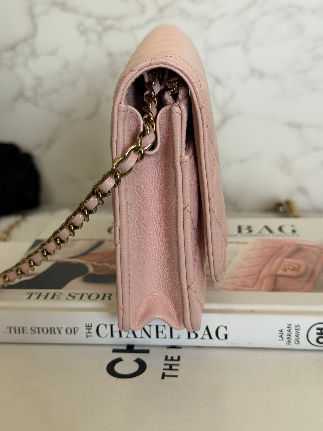 CHANEL Light pink/Nude pink caviar LGHW Classic Wallet on chain (WOC) 2024