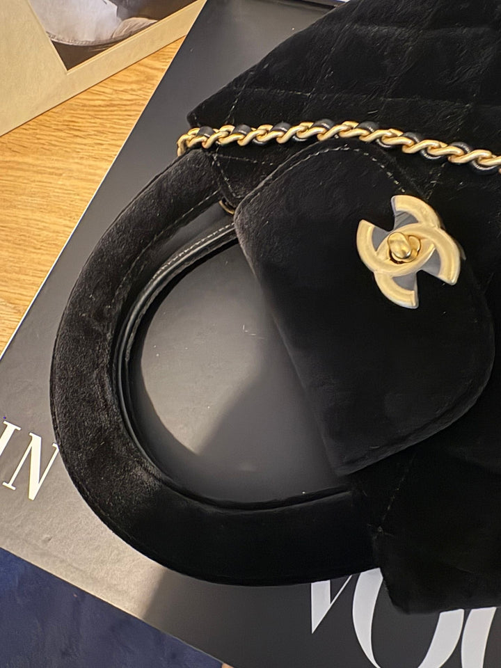 CHANEL Black Velvet Kelly Shopping Bag size SMALL aged GHW 19 cms fits iPhone pro Max 2025