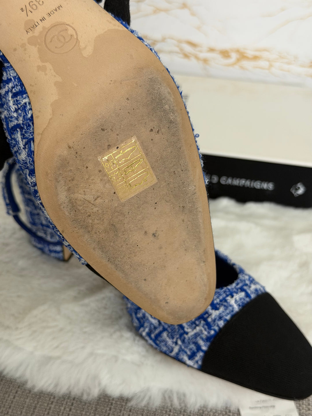 CHANEL 23P Cobalt Blue SHW Tweed Slingback shoes with kitten heels