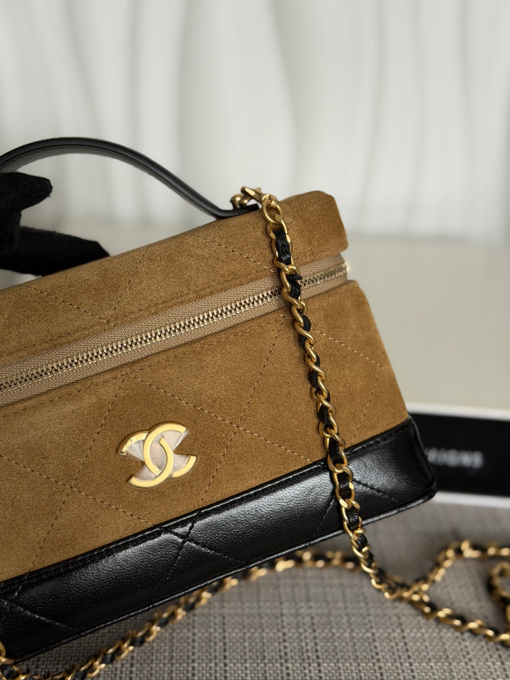 CHANEL 26S Beige Suede Black Calf skin aged GHW Long Vanity Case with Detachable Chain and top handle 2026