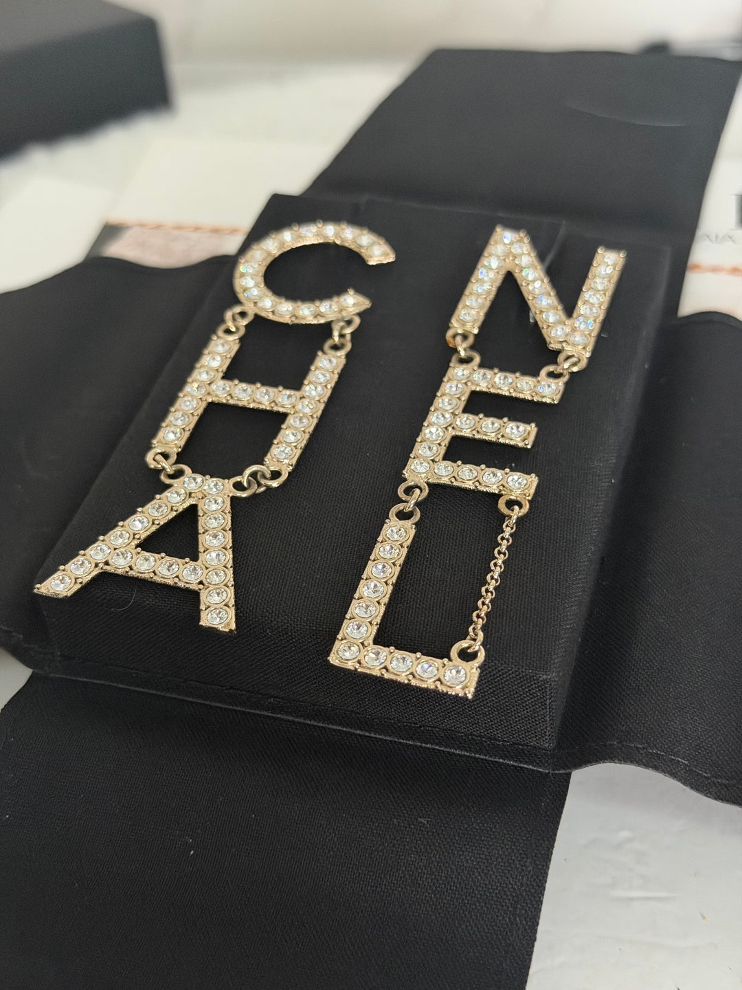 CHANEL Diamanté Letter Statement Earrings in Gold and Crystals
