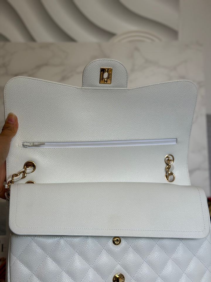 CHANEL White Caviar GHW Jumbo Double Flap Classic Bag 2010