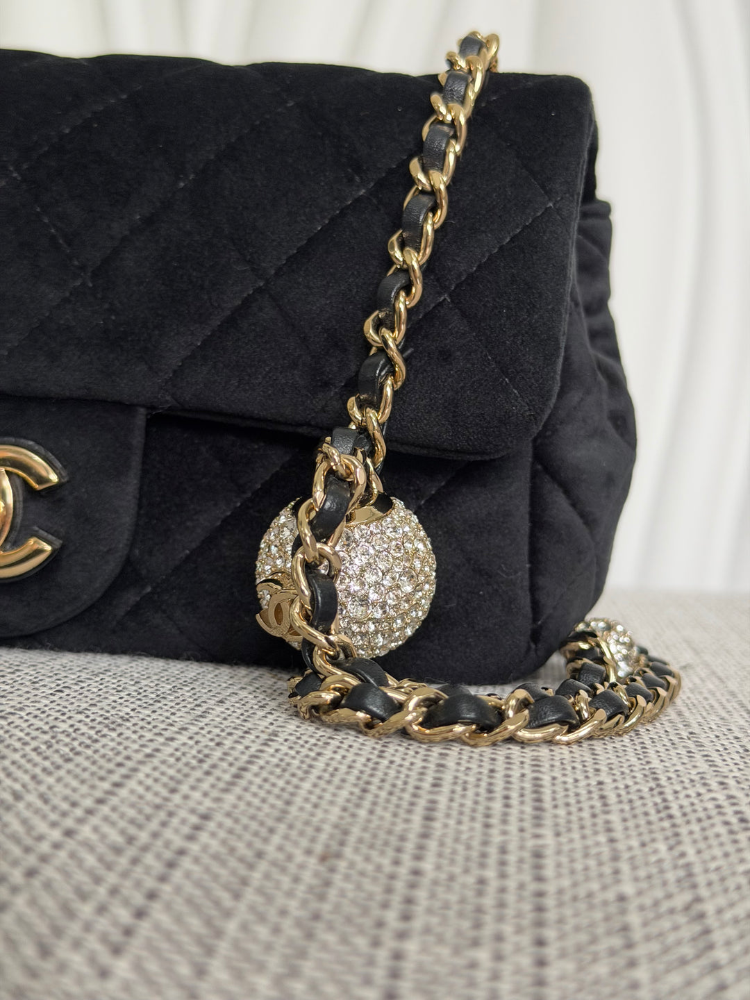 CHANEL series 30 2020 20K collection Black Velvet Crystal Pearl Crush Adjustable Strap LGHW Mini Rectangular Flap Bag