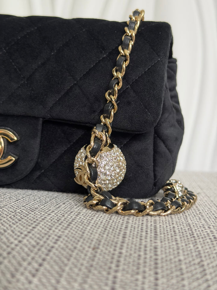 CHANEL series 30 2020 20K collection Black Velvet Crystal Pearl Crush Adjustable Strap LGHW Mini Rectangular Flap Bag
