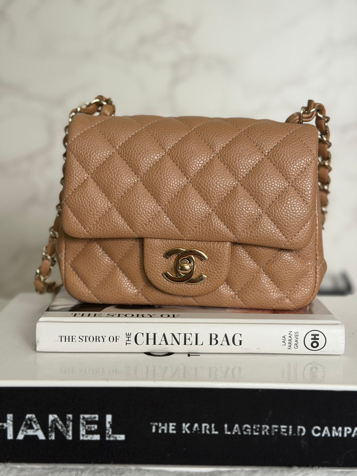 CHANEL 18S series 25 Dark Beige Caviar LGHW Square Mini Flap Bag 2018 Rare