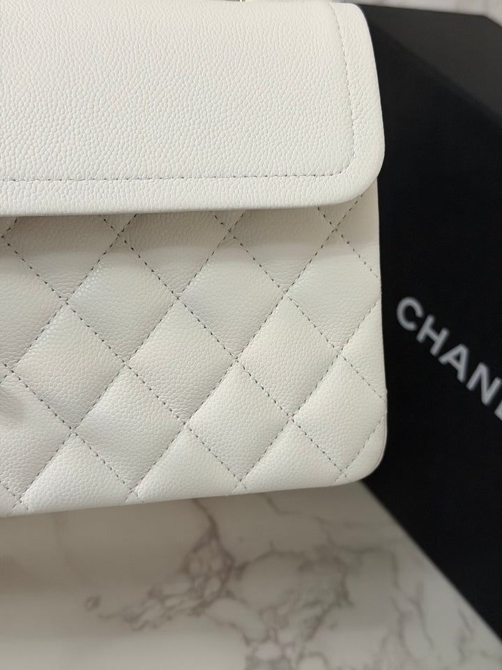 CHANEL 2023 White Caviar LGHW Medium ML Timeless Classic Double Flap Bag