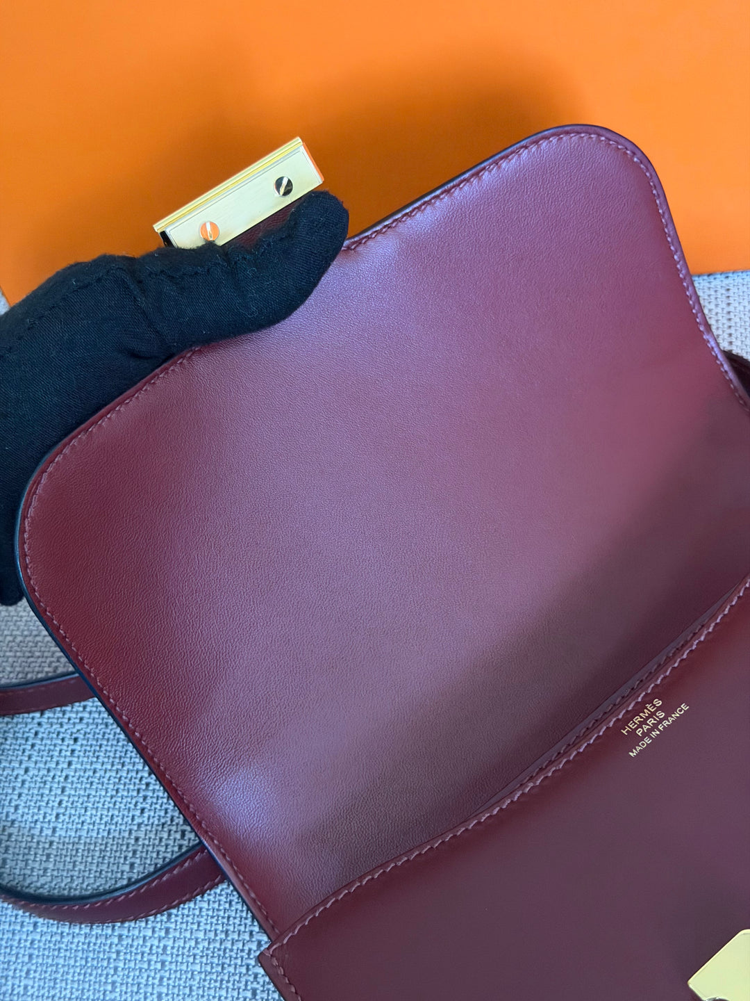 HERMÈS Rouge H Box Leather GHW Mini Constance 18 Flap Bag stamp D 2019