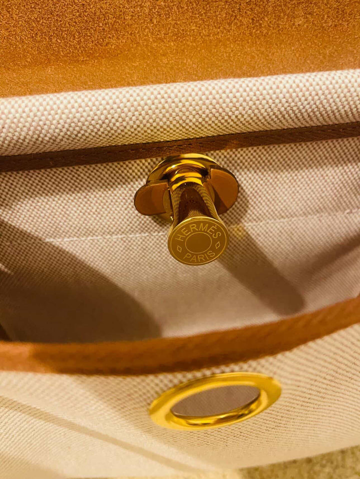 Hermes Herbag 20 Zip Ecru/Fauve Toile H Vache Hunter Leather Size Mini