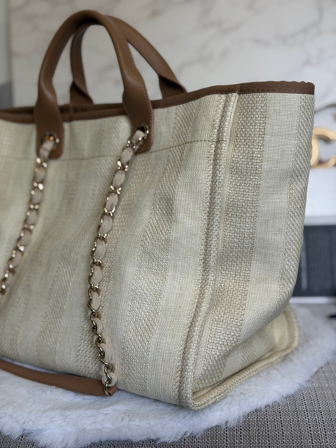 CHANEL series 29 Beige and Brown Stripe Medium 15 inches Deauville Tote Bag 2020