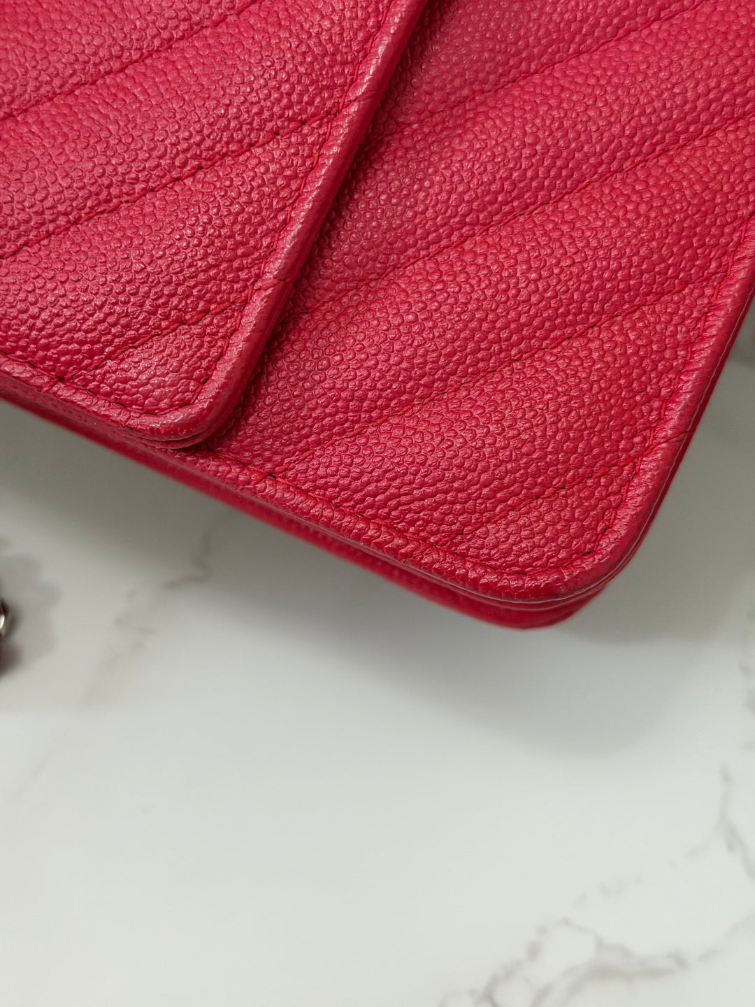 CHANEL series 25 2018 Dark pink chevron caviar SHW Square Wallet On Chain (WOC)