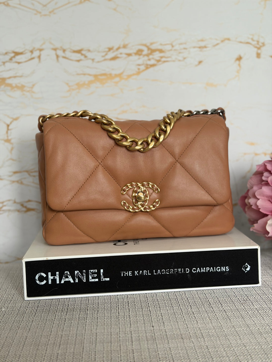 CHANEL Caramel Brown Lambskin Mixed Hardware 19 Flap Bag size SMALL 2022