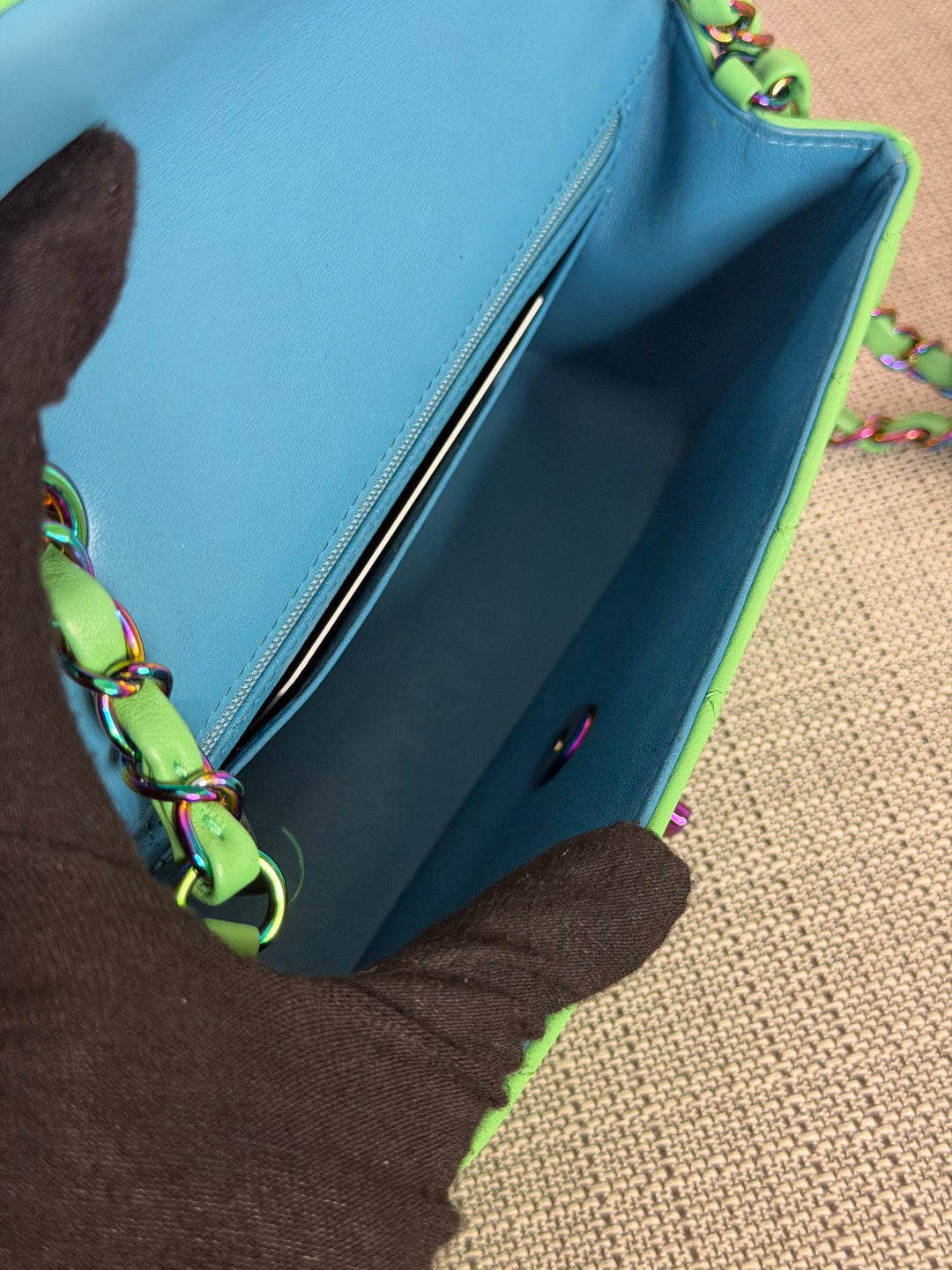 CHANEL series 31 21P Two Tone Green Blue Lambskin Rainbow Iridescent Hardware Mini Rectangular Flap Bag 2021