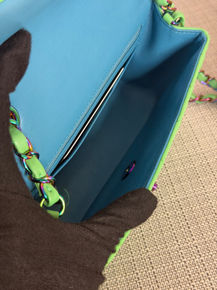 CHANEL series 31 21P Two Tone Green Blue Lambskin Rainbow Iridescent Hardware Mini Rectangular Flap Bag 2021