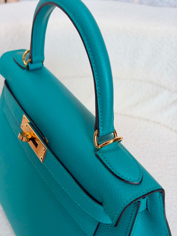 HERMÈS Kelly 28 Epsom Leather Sellier Special Order Bleu Paon GHW Stamp D 2019