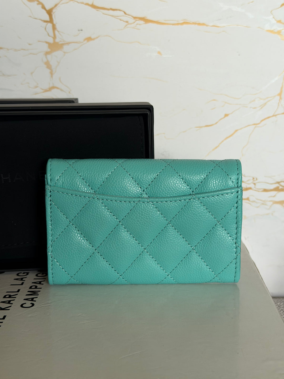 CHANEL 25C Turquoise Caviar LGHW Classic Snap Flap Card holder 2025