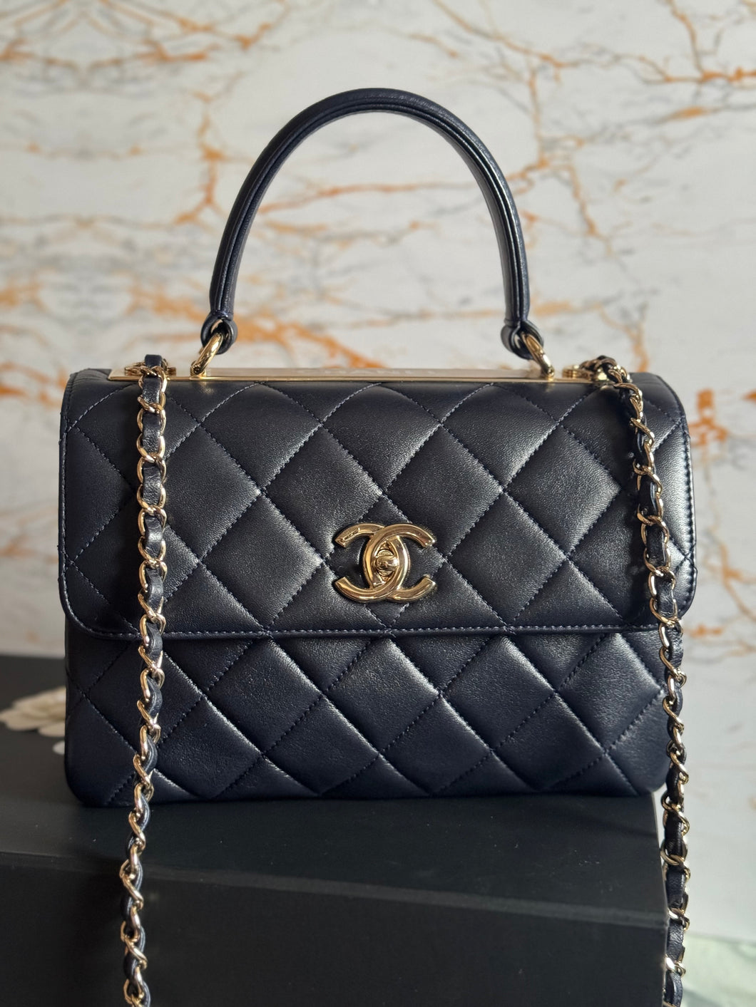 Chanel series 28 2018/2019 Navy Lambskin Champagne GHW Trendy CC Flap Bag size Small with Detachable Strap