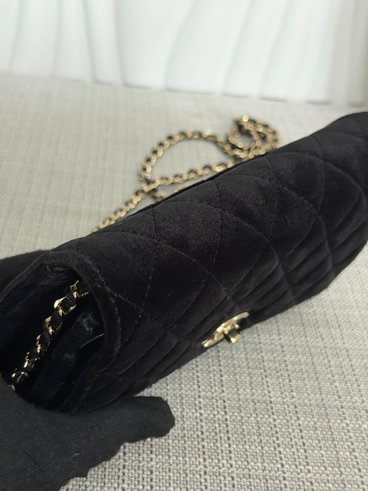 CHANEL 2025 Black Velvet Crystal Pearl Crush Adjustable Strap Wallet on Chain (WOC)