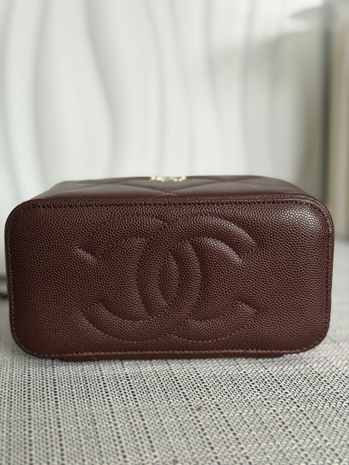 CHANEL 25K 2025 collection Brown Caviar LGHW Leather Top Handle Small Vanity with Chain