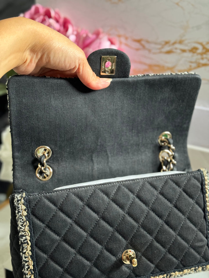Chanel series 26 Black Denim LGHW Braided in Gold/White/Black Medium Flap Bag