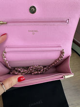 Load image into Gallery viewer, Chanel 23P Pink Caviar Mauve undertone Classic Wallet on chain (WOC) with champagne GHW
